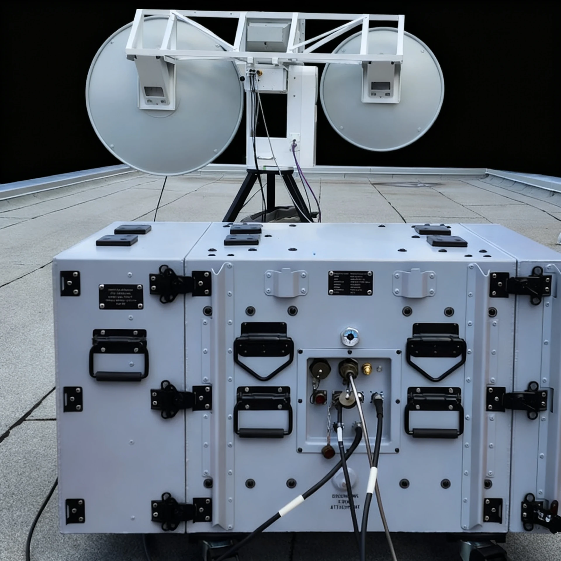 Impact case deployed on a rooftop supporting a dual satellite dish antenna array